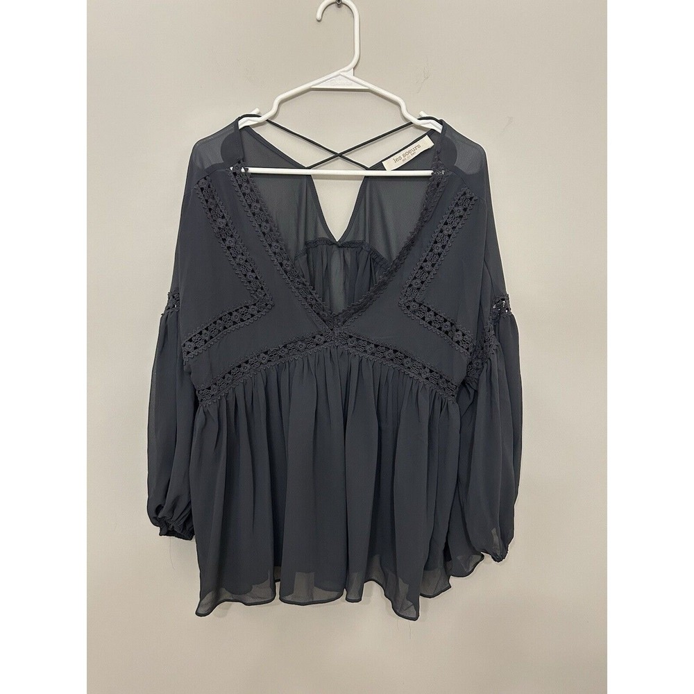 Lizard Thicket Blouse Womens Large Gray‎ Sheer Crochet Lace Boho Babydoll G0329